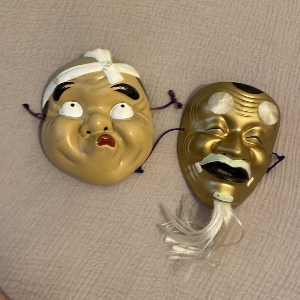 Japanese NOH Gold and Tan Decorative Masks. Set 2